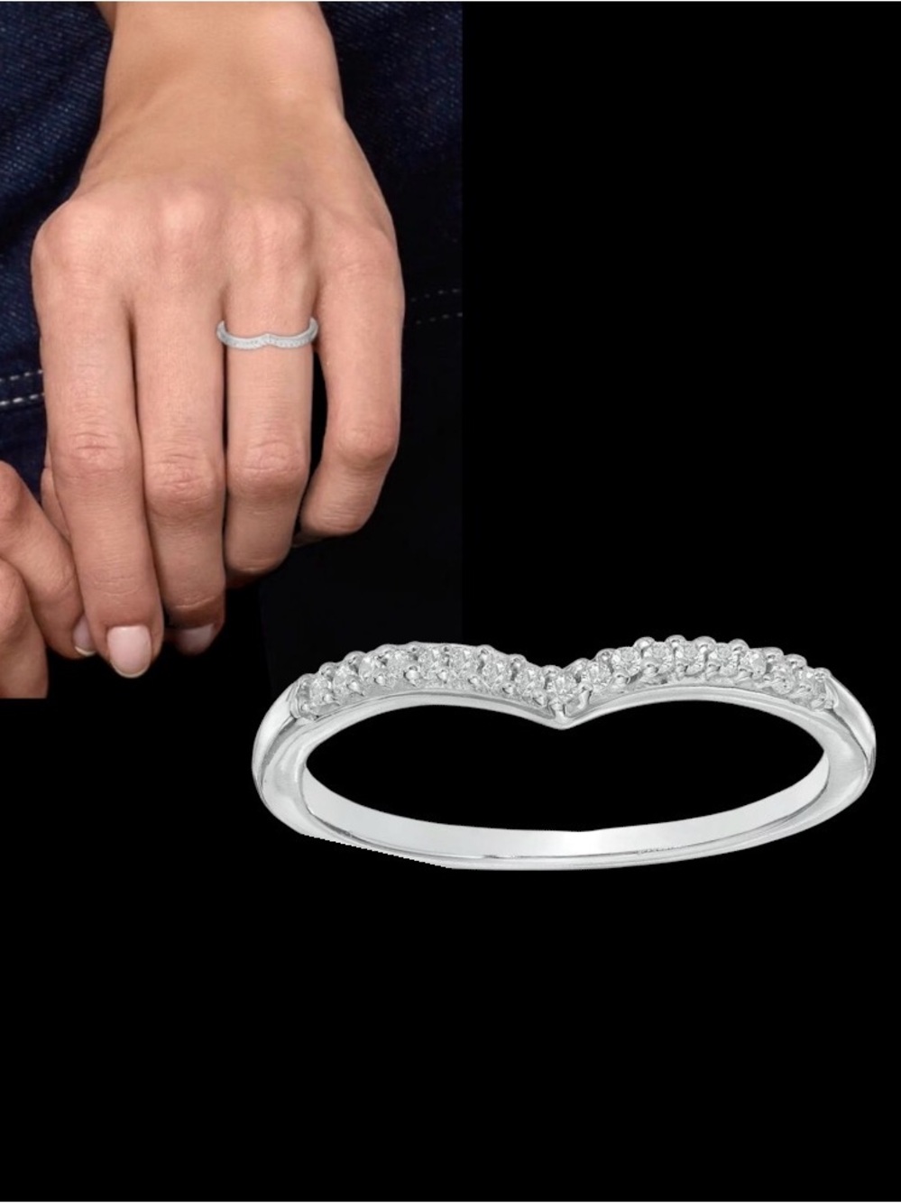 925 Sterling Silver 0.1 CTW Lab Grown Diamond V-Shape Pave Stackable Ring Size 7
